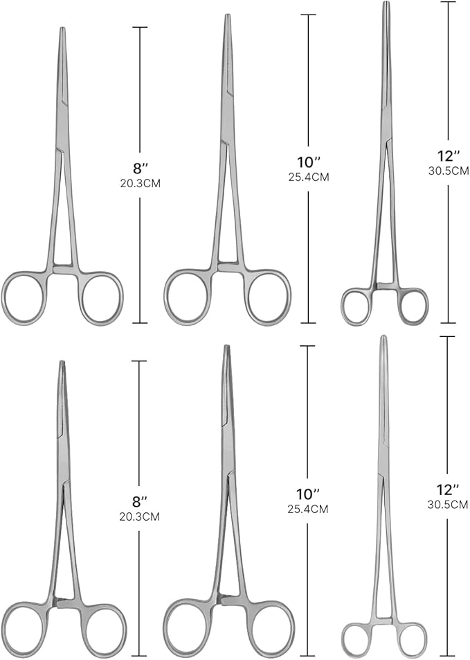 Hemostats ROCHESTER PEAN Forceps Locking Pliers Clamps Tongs Full Serrated Stainless Steel (Straight 5,6.25,7.25, 8,10,12 Inches 6 pcs Set)