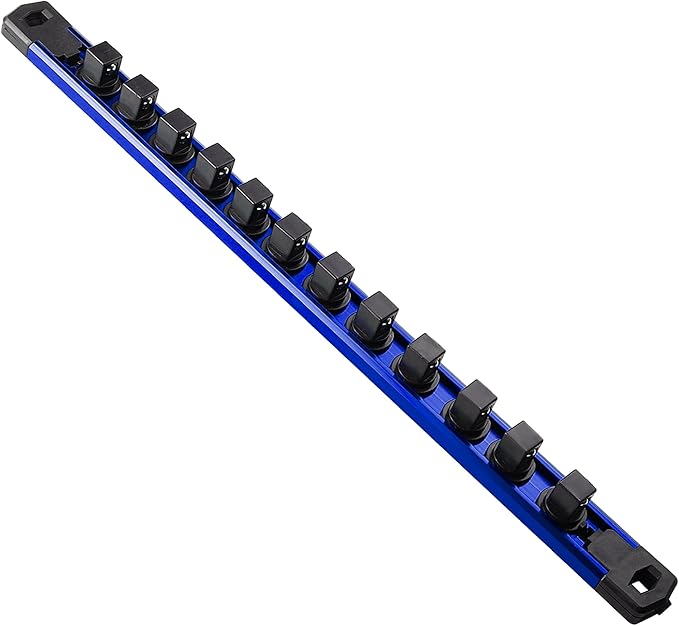 Magnetic Socket Organizer, 1-Piece Heavty Duty Aluminum Socket Holder, Socket Rail for Tool Box, Premium Quality 360° Swivel Socket Rack with 12 Clips for 1/2-Inch(Blue)