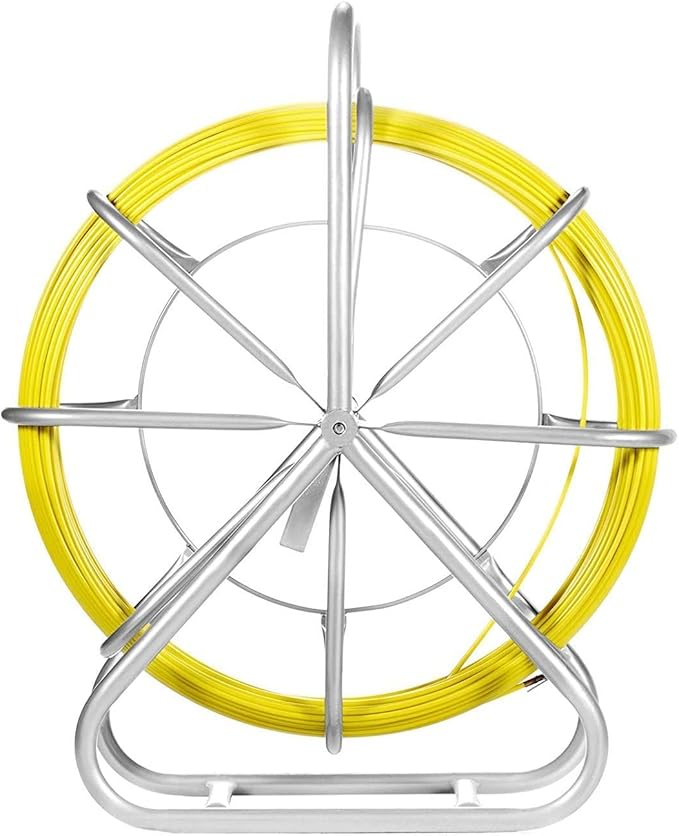 Fish Tape Fiberglass 6MM 656FT,Duct Rodder Fish Tape Puller Fiberglass Wire Cable Running with Cage and Wheel Stand,Durable Steel Reel Stand,Fish Tape Min Bending Radius 13 inch/330 mm (6mm 656Ft)
