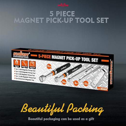 HORUSDY 5-PIECE Magnetic Pickup Tools Set, Include 15LB, 10LB, 3LB, 1.5LB Magnet Sticks, Rust-Proof Magnetic Tray, Telescoping Design for Mechanics, Automotive, DIY, Gifts for Men, Dad, Husband