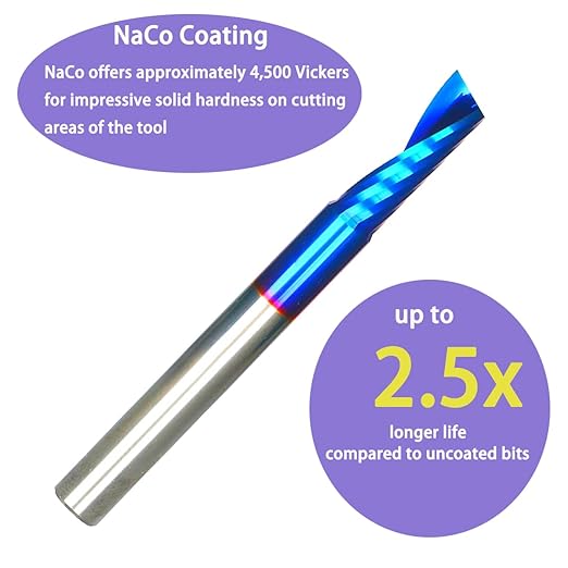 O Single Flute Upcut Spiral End Mill CNC Router Bit with NACO Coating for Plastic Cutting with Mirror Finish (2, 1/4 D x 3/4 CH x 1/4 SHK x 2-1/2 L) UT244