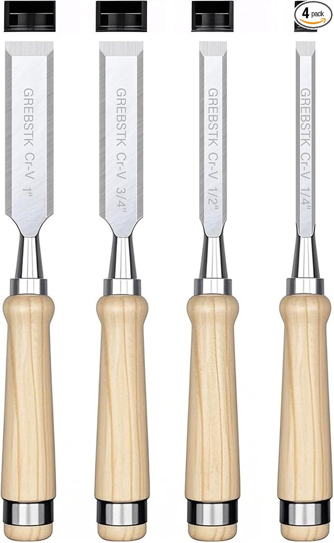 GREBSTK 4 Pcs Wood Chisel Set, CRV Steel Bevel Sharp Edge Bench Chisels with Safety Caps, Comfortable Oversized Solid Wood Handle, for Woodworking and DIY Projects, 11"x(1/4", 1/2", 3/4", 1")