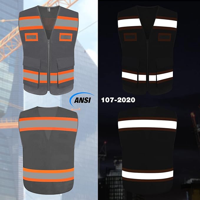 TCCFCCT Mesh Reflective Safety Vest with Pockets High Visibility Vest for Men Women, Work Vest with Fluorescent Orange Extend Edge, Meets ANSI/ISEA Standards, Grey, 2XL
