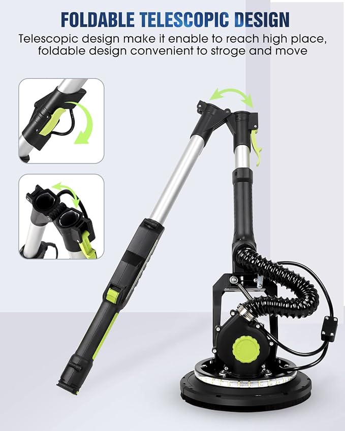 Drywall Sander, 7.2A Electric Drywall Sander with Vacuum Dust Collection, LED Light, 6 Variable Speed Digital Display 900-1800RPM, Foldable & Extendable Handle, 9 Sanding Discs&3 Grid Sandpaper