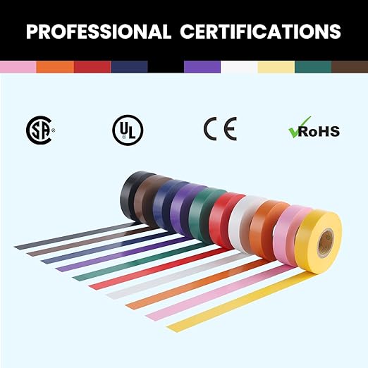 Lichamp 10-Pack Colored Electrical Tape Waterproof, 3/4 in x 66ft, Industrial Grade UL/CSA Listed High Temp Electrical Tape Colors Electric Super Vinyl, 1075C2