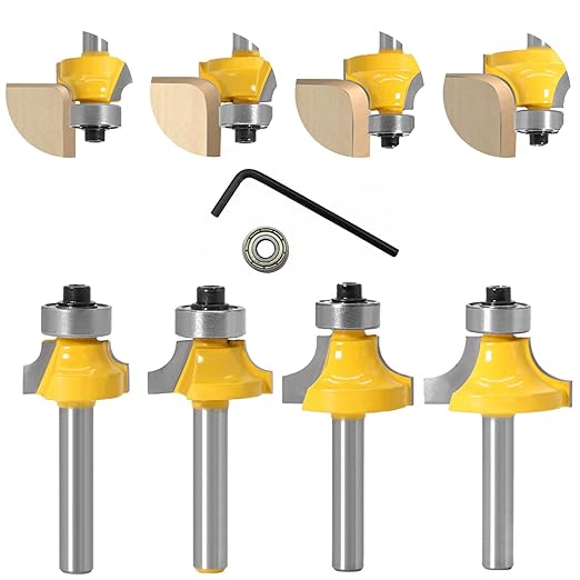 1/4Shank 4pcs Corner Rounding Bit Set(5/16" 3/16" 1/4" 1/8" Radius 4Pcs) Corner Rounding Edge-Forming Roundover