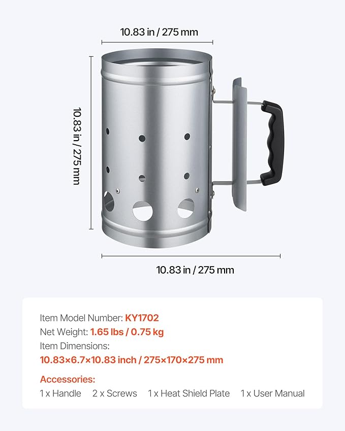 VEVOR Charcoal Chimney Starter, 4 lbs Large Capacity Coal Fireplace, Heavy Duty BBQ Steel Chimney Starter for Charcoal Grill and Barbecues, Compact On-The-Go Carbon Lighter and BBQ Grill Tool, Silver