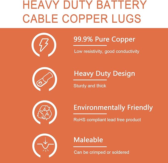 10pcs 2 AWG-5/16(M8) Tinned Copper Ring Terminals Battery Lugs, Heavy Duty Wire Lugs, Battery Cable Connectors