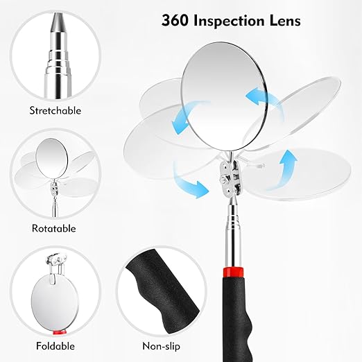 2PCS Telescoping Inspection Mirror Extendable Mirror on a Stick Mechanic Mirror with Long Handle Round Extendable Mirror for Mechanic Checking Vehicle