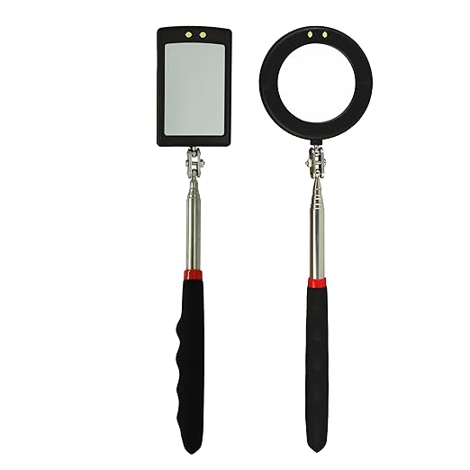 Telescoping Inspection Circular 360 Mirror with 2 LED Light Mirror and Mirror on a Stick and Extendable Mechanic Tool for Automotive Flexible Circular Mirror Diabetic Mirror for feet