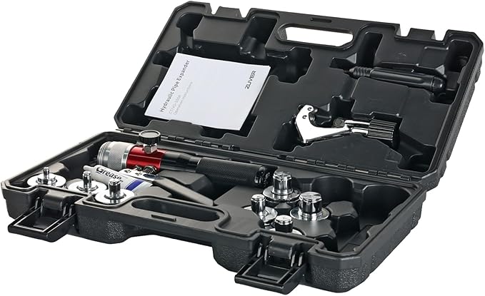 Hydraulic Tube Expander HVAC Swaging Tool Kit Copper Pipes Compact Tool Set with Tube Cutter, Deburring Tool, and 7 Expander Heads 3/8, 1/2, 5/8, 3/4, 7/8, 1, 1-1/8 Inch
