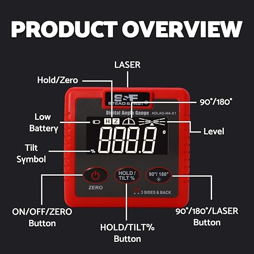 S&F STEAD & FAST Digital Angle Finder Magnetic with 4 Surface Magnets, Large LCD Display Digital Inclinometer, Magnetic Angle Gauge for Table Saw, Woodworking