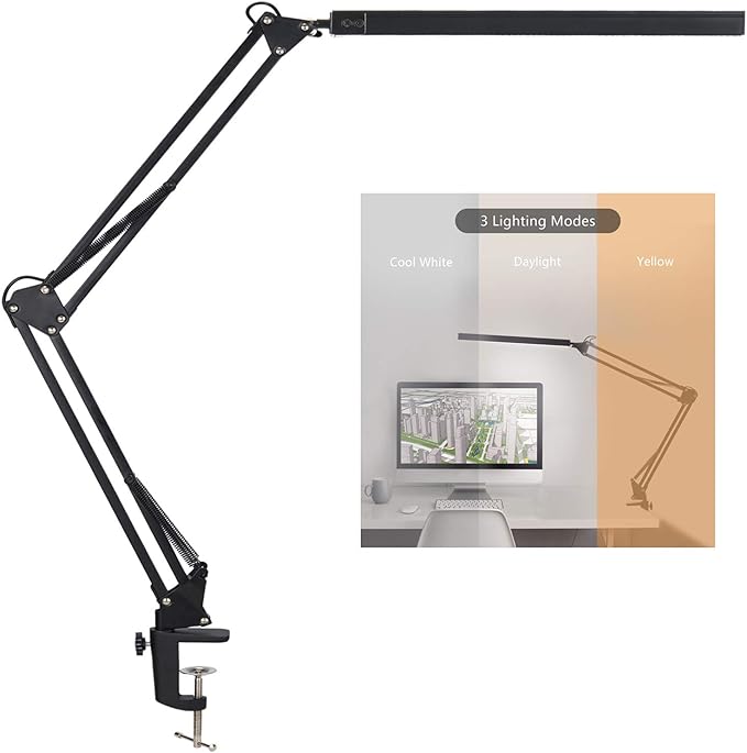 LED Architect Desk Lamp, Metal Swing Arm Dimmable Task Lamp, Eye Care Table Lamp with Clamp (3 Color Modes, 10-Level Dimmer, Memory Function) Highly Adjustable Office, Craft, Workbench Light
