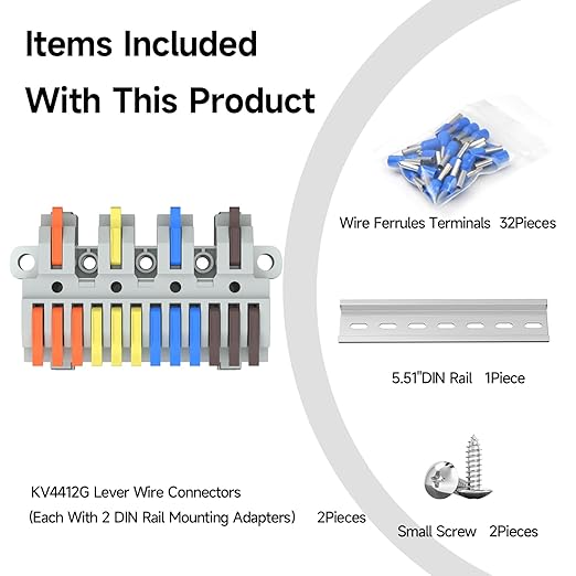 2Pcs Lever Wire Connectors, 4 in 12 Out, Push-in, Quick Wiring DIN Terminal Blocks, 0.7-2.5(4) mm², 600V 32A, 32Pcs Wire Ferrules Terminals & 5.51 Inch DIN Rail Included