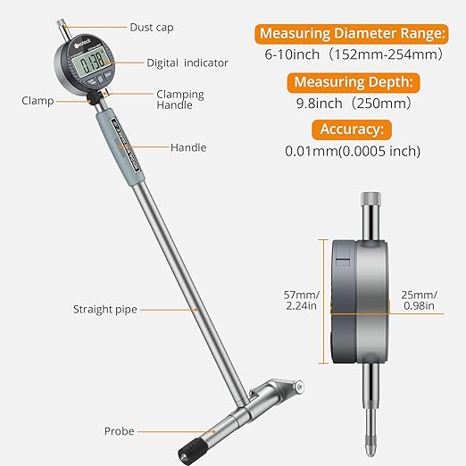 Neoteck 6-10"/0.0005" Digital Indicator Bore Gauge Set with 6 PCS Anvils 9.8" Measuring Depth Dial Bore Gauge with ABS Storage Box for Engine Cylinder Measurement