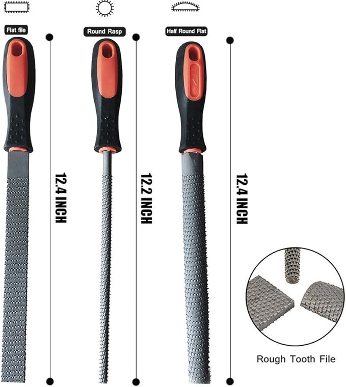 8" Wood Rasp File Set with Rubber Grip - Includes Hand Cut Round, Half-Round, and Flat Rasp File Kit - Curved and Flat Tools(3 Pcs) The Color of Packing Bag is Random