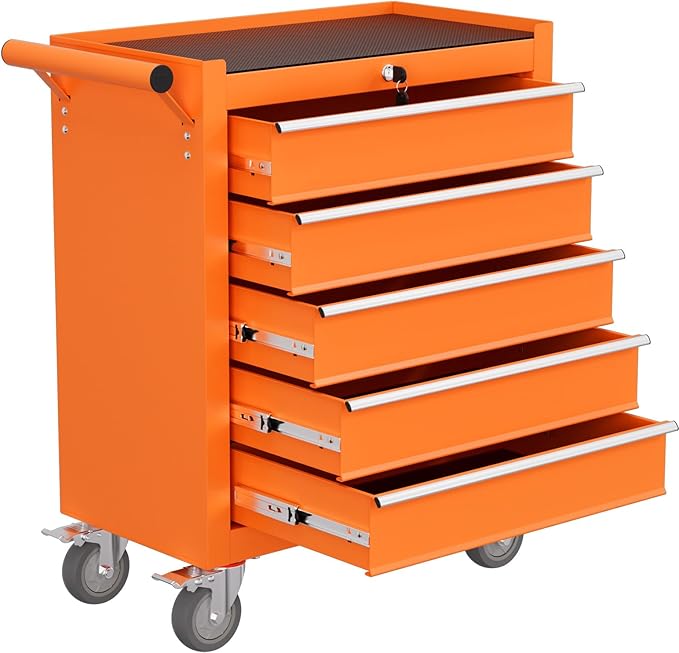 Rolling Tool Chest with Drawers, 5 Drawers Tool Chests & Cabinets, Metal Toolbox with Wheels, Lockable Storage Cabinet, Garage Tool Box with Drawers (Orange, 5 Drawers)