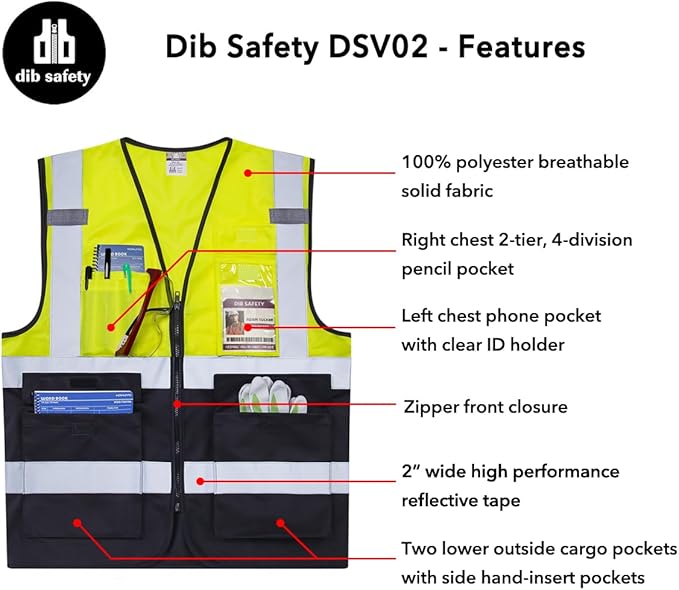 Dib Safety Reflective Vest High Visibility with Pockets and Zipper, Yellow and Black 4XL