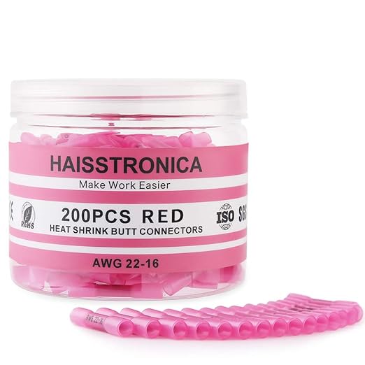 haisstronica 200PCS 22-16 AWG Red Heat Shrink Butt Connectors – Marine Grade Tinned Copper Crimp Terminals, Waterproof Wire Connectors, Butt Splice for Boat, Marine, Automotive, Stereo Wiring