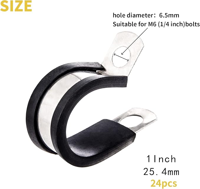 24pcs Wire Clamps 1 Inch, Stainless Steel 304 Cable Clamps Rubber Cushion, Pipe Clamp for wiring, lines, hoses and cables