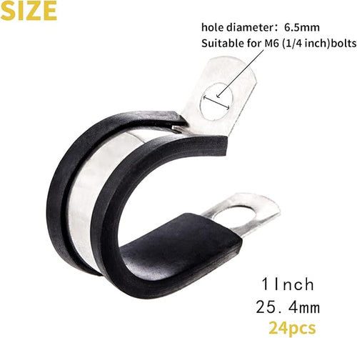 24pcs Wire Clamps 1 Inch, Stainless Steel 304 Cable Clamps Rubber Cushion, Pipe Clamp for wiring, lines, hoses and cables