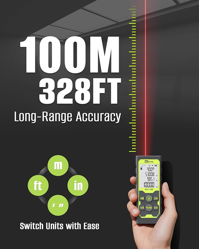 Laser Measure, Inkerma Laser Measurement Tool, Laser Distance Meter with Angle Sensor, Ft/in/M Multiple Units, Length/Area/Volume/Pythagorean Mode,Battery Included