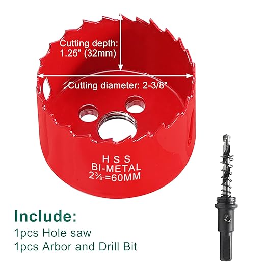 HYCHIKA 2-3/8 Inch/60mm Hole Saw,Bi-Metal Cutter Hole Max Cutting Depth 32mm with 1 Arbor Drill Bit for Wood Cutting Cornhole Plastic Drywall Boards Fiberboard