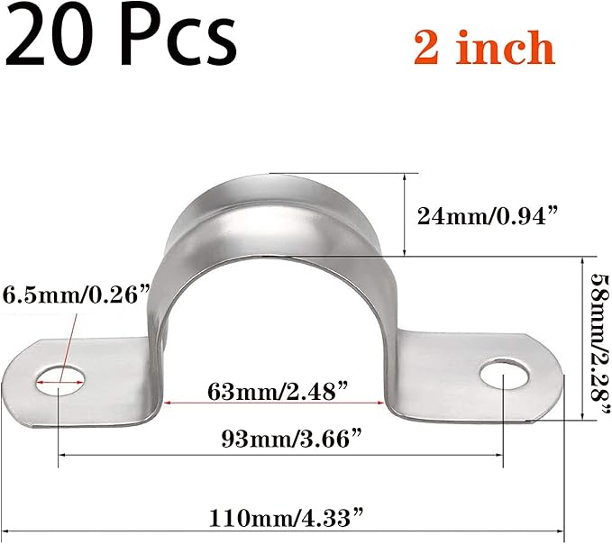 20 Pcs 2inch Rigid Pipe Strap,Two Hole Stainless Steel Strap U Bracket, Widened Tube Strap Tension Clip Assortment Kit Heavy Duty Pipe Clamp for Pipe Fixing（63mm）