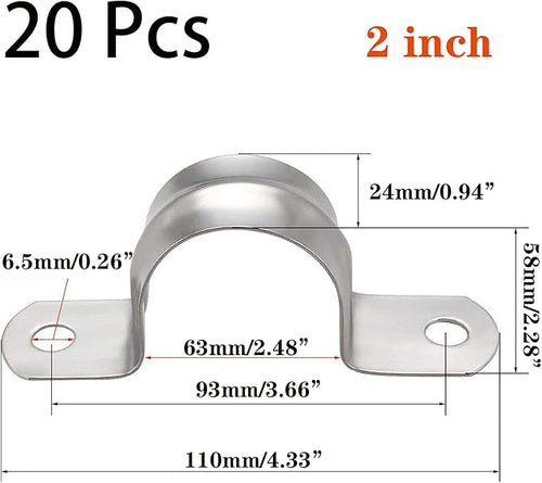 20 Pcs 2inch Rigid Pipe Strap,Two Hole Stainless Steel Strap U Bracket, Widened Tube Strap Tension Clip Assortment Kit Heavy Duty Pipe Clamp for Pipe Fixing（63mm）