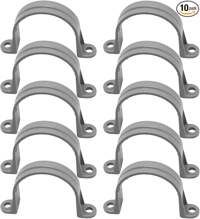 2 Inch PVC Pipe Strap, 2-Holes Conduit Pipe Clamps Plastic Pipe Supports (Grey, 10 Pcs)