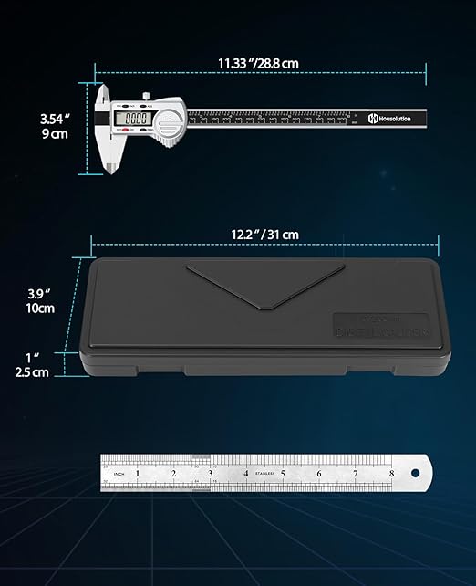 Digital Caliper 8 inch, (ABS) Absolute Scale Caliper, IP54 Caliper Measuring Tool, Inch/MM, Auto-Off LCD Stainless Steel Waterproof Micrometer Vernier Caliper, with Steel Ruler, Silver