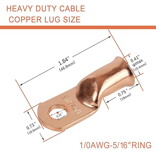 10pcs 1/0 AWG-5/16”(M8) Ring Terminals 0 Gauge Copper Wire Lugs Battery Cable Ends Heavy Duty Battery Cable Terminal Connectors