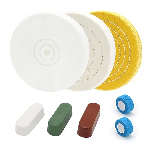SCOTTCHEN 8inch Buffing Polishing Wheels 5/8" Arbor Hole,Soft/Fine/Medium for Bench Grinder-3PCS,with Buffing Polishing Cutting Compounds 7.4 Oz.Kit,with 2 Pack Non-Woven Bandage Wrap