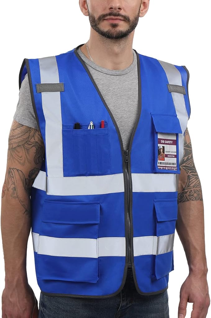Dib Safety Reflective Vest High Visibility with Pockets and Zipper, Blue 3XL