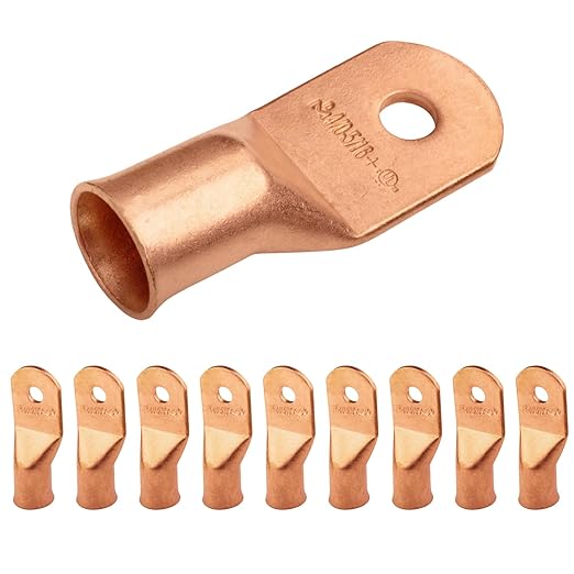 SELTERM 10pcs 4/0 AWG (XL) - 5/16" Stud - Battery Lugs, Heavy Duty Wire Lugs, Ring Terminals, Battery Cable Ends,0000 Gauge Terminals, UL Bare Copper Eyelets Electrical Battery Terminal Connectors