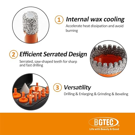 Diamond Core Drill Bit Kit BGTEC Diamond Hole Saw Tile Cutter,Triangle Shank 10pcs 6/8/10/20/25/28/32/35/45/65mm Drill Bits+1pc 2" Hex Shank Chamfer Bit