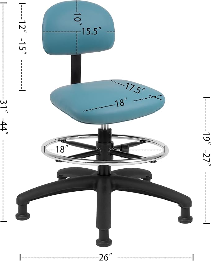Chair Master FSS Series Square seat Mid-Stool (19"-27") seat height chair. Fabric Vinyl-for Office, Garage, Desk, Shop, Computer, Doctor, Medical, Easy to Clean! 18" Footring (Aqua, Mid Stool, Glides)