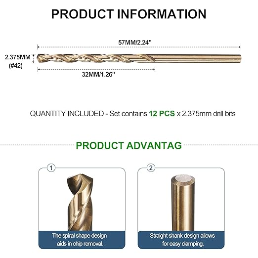 METALLIXITY Drill Bit (#42) 12Pcs, M2 High-Speed Steel Micro Number Bits Spiral Flute 135°Point Tip Gold Finish for Stainless Steel Iron Copper Aluminum Hard Metal