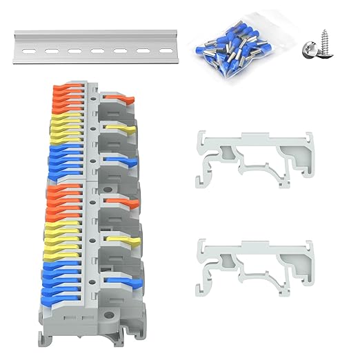 2Pcs Lever Wire Connectors, 3 in 15 Out, Push-in, Quick Wiring DIN Terminal Blocks, 0.75-2.5(4) mm², 600V 32A, 36Pcs Wire Ferrules Terminals & 6.89 Inch DIN Rail Included