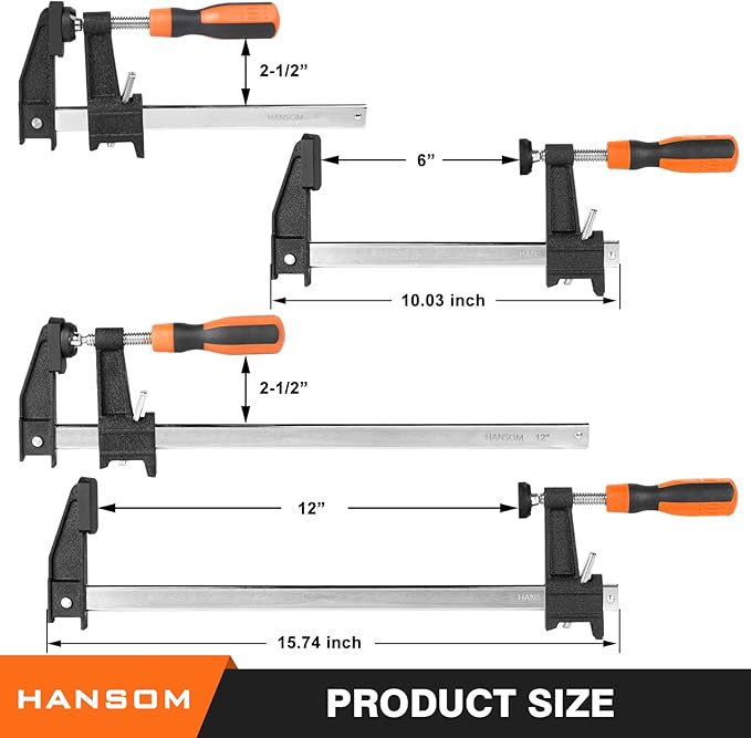 6-Pack Bar Clamps, 12' & 6' Heavy Duty, 600 Lbs Force, Adjustable, Quick Release, 2.5' Throat Depth, Plastic Handle