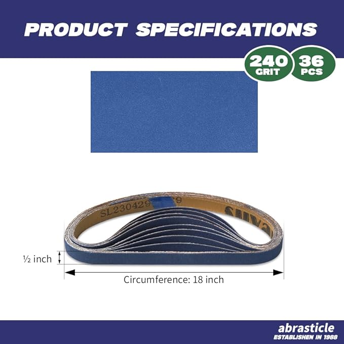 1/2" x 18" Zirconia Sanding Belts for Metal - 1/2 x 18 Inch Zirconia Metal Grinding Sand Paper, 36 PCS 240 Grits, Perfect for Knife Blade Sharpening, Metal Polishing, Derusting, Woodworking