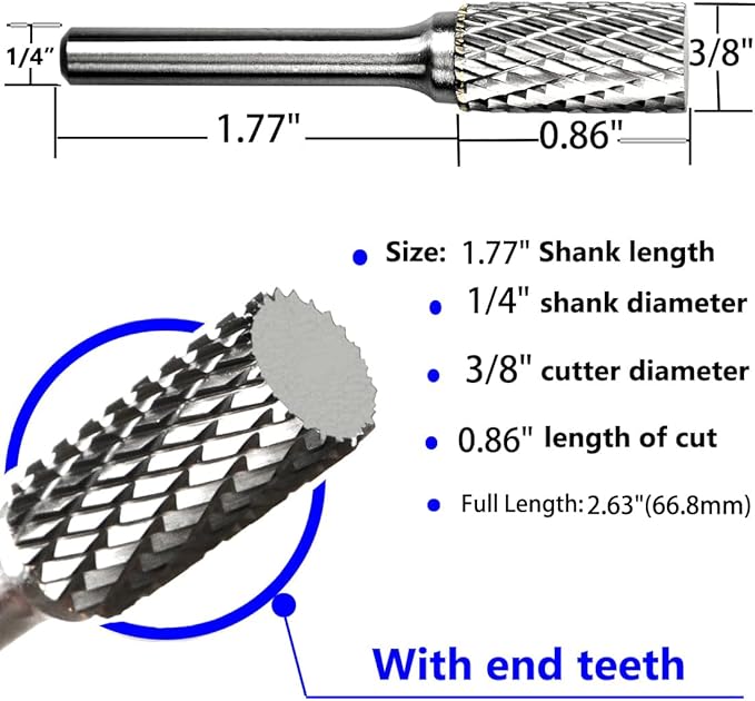 Carbide Burr Set 1/4" Shank SA-3 Die Grinder Bits Tungsten Double Cut Burr Bits (3/8" Cutter Dia X 0.86" Cutter Length) for Die Grinder Kits Metal Grinding Drilling Polishing (3pcs)