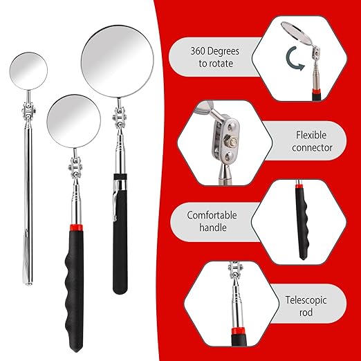 3 Pack Stainless Steel Mechanic Mirror Telescoping Inspection Mirror Extendable Mirror Round Mirror Inspection Tool for Check Observe Vehicle Small Part Eyelashes Mouth