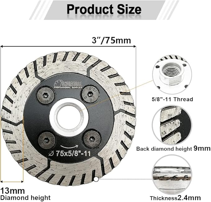 SHDIATOOL 3 Inch Granite Turbo Cutting Blades Two-in-One Design Cut Grind Sharpen Marble Concrete and Bricks