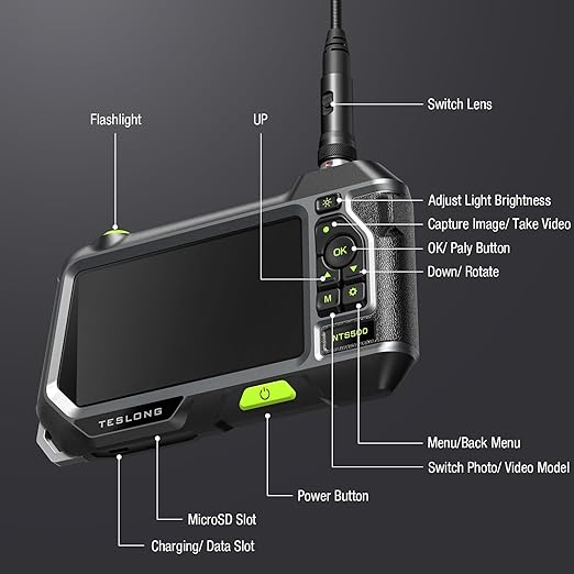 Dual Lens Endoscope with 5" Monitor, Teslong NTS500 Industrial Waterproof Borescope Inspection Camera with 0.21in Front & Side-View Double Lens with 9.8FT Probe, 5-Inch IPS LCD Screen & Case