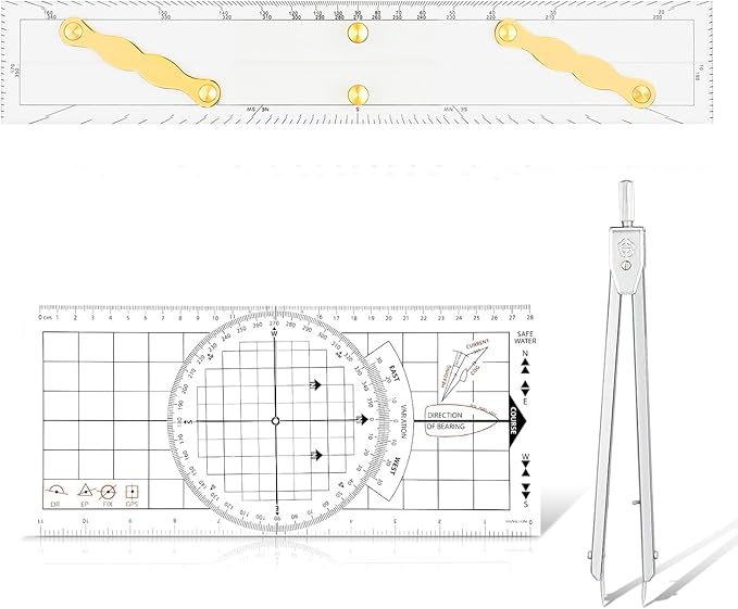 Ironwarrior 3 Pcs Basic Navigation Set,Including 15inch Parallel Ruler with Brass Arms, Nautical Protractor, and 6 Inch Marine Fixed Points Divider, Marine Accessories with Clear Scales for Boat
