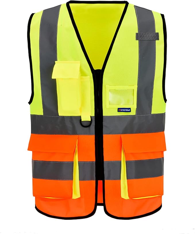 A-SAFETY Industrial Safety Vest, Hi Vis 9 Pockets High Visibility Zipper Front Reflective Safety Vest, Orange&Yellow Color Mixed, XL