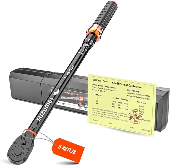 SUZUME Torque Wrench 3/8 Drive (5-45 Ft. Lb/ 6.8-61 N.m) 72 Tooth Reversible Head Torque Wrench ±3% High Accuracy Dual-Scales Torque Wrenches for Car Bike Moto