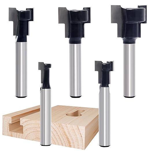 5pcs Keyhole Bit Set, 1/4-Inch Shank, 8.5-10.5-13.5-17.5-19.5mm Cut Diameter Keyhole Router Cutter Bit,for M5, M6, M8, M10, and M12 T-Track Slotting Milling Cutters