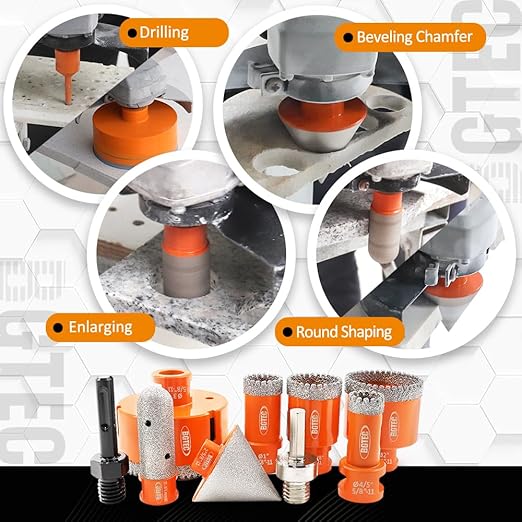 BGTEC Diamond Core Drill Bits-9PCS 5/8-11 Thread Tile Hole Saw 20/25/35/50/75mm+50mm Beveling Chamfer Bit+20mm Finger Bit+SDS/HEX Adapter for Pocelian Tile Ceramic Marble Granite Stoneware